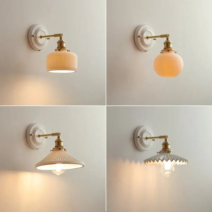 Vintage brass globe wall sconce with white ceramic base brass fittings and off-white ribbed glass shade decorbites copper arm led
