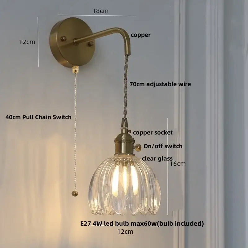 Antique brass-finished wall light with faceted clear glass shade and copper socket by decorbites led decorative sconce