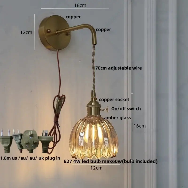 Vintage brass wall light with copper sconce amber glass shade and 70cm adjustable wire for decorbites led wall use