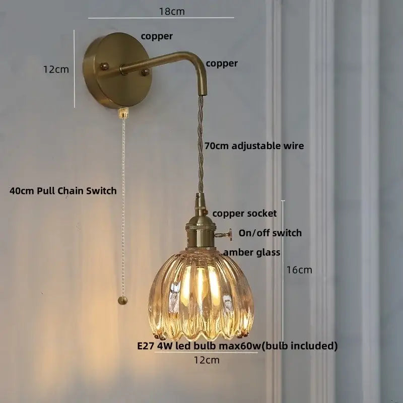 Vintage brass green glass wall light with copper-finished sconce amber shade and adjustable wire for decorbites led wall use