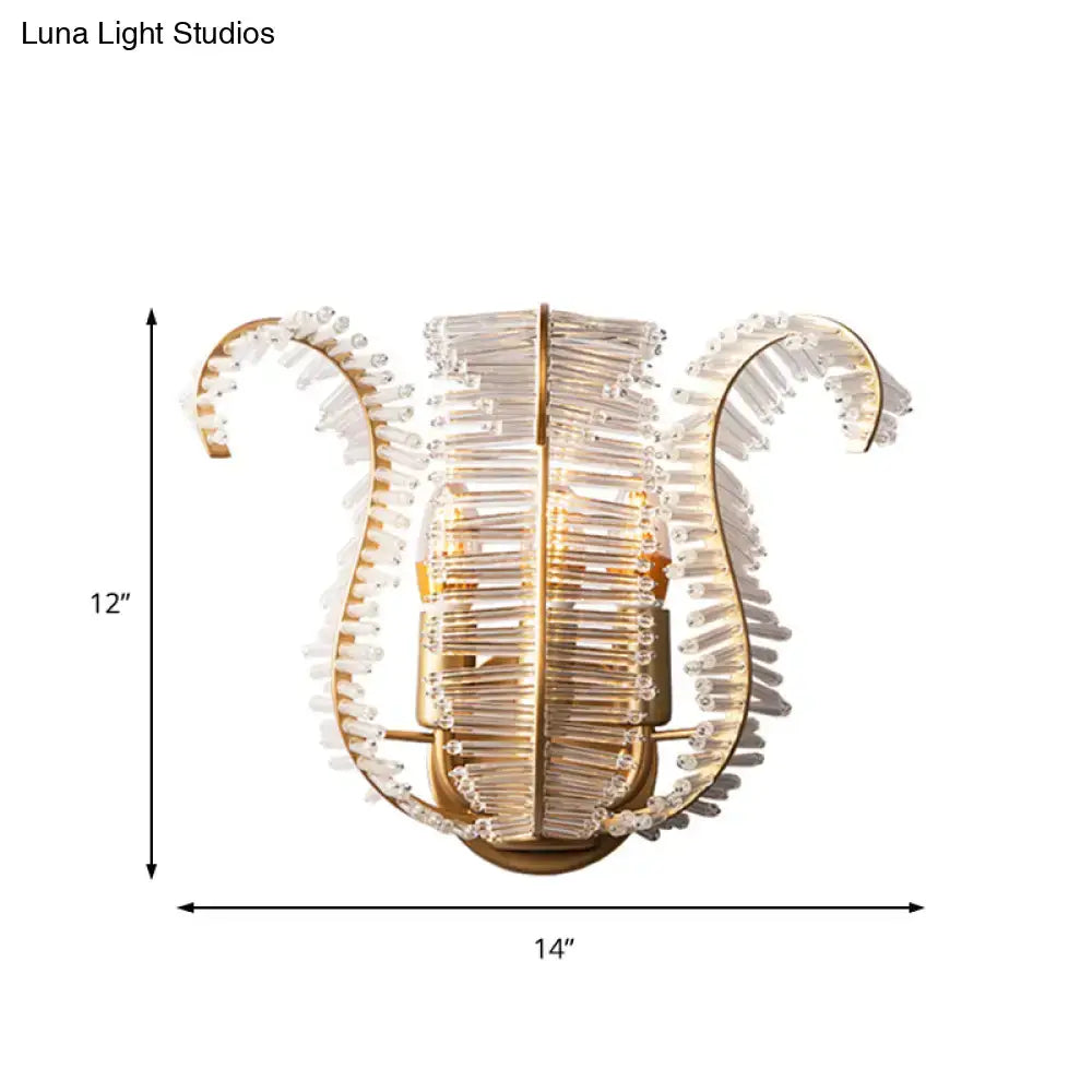 Vintage brass leaf glass sconce light fixture with gold-toned lyre design and crystal rods for living room direct wired electric use