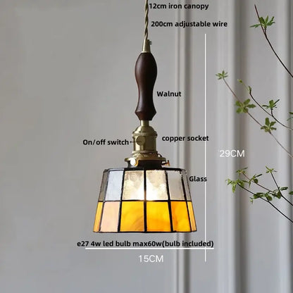 Vintage brass led pendant light with dark walnut wooden handle amber stained glass shade for dining room decorbites brass led