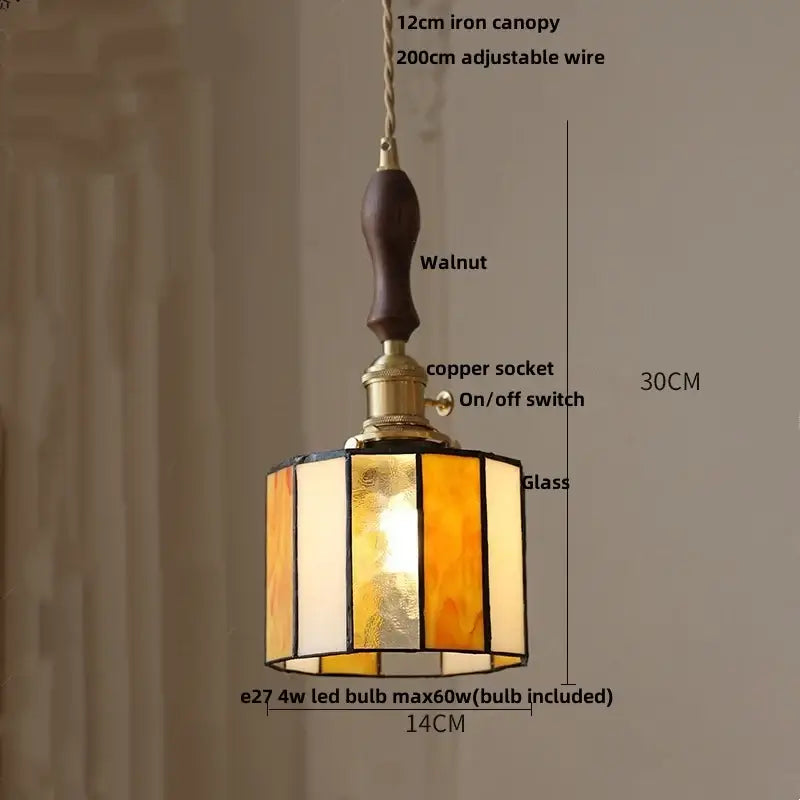 Vintage brass led pendant light with warm amber cream glass, walnut iron canopy, copper socket, and adjustable wire
