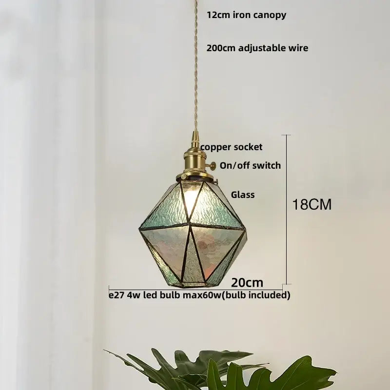 Geometric glass pendant light with brass vintage led accents and copper socket for amber and teal dining room decorbites brass vintage