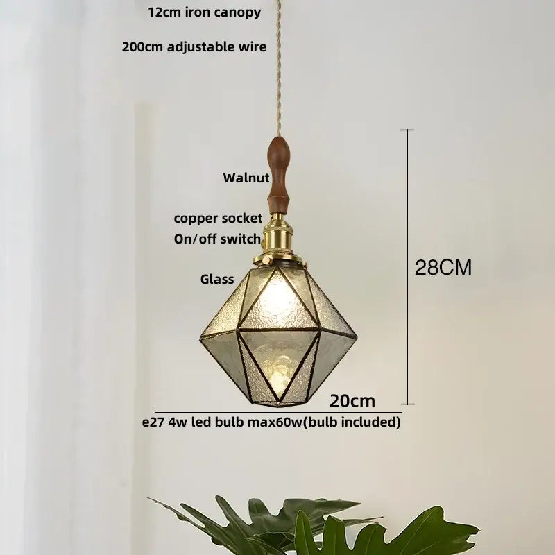 Vintage brass LED pendant light with clear amber and teal glass, brass vintage LED socket, and walnut wood handle for dining room decorbites brass vintage