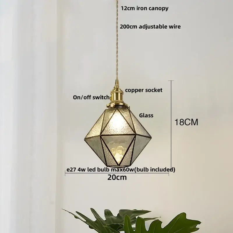 Vintage brass led pendant light with geometric glass shade amber and teal featuring decorbites brass vintage canopy