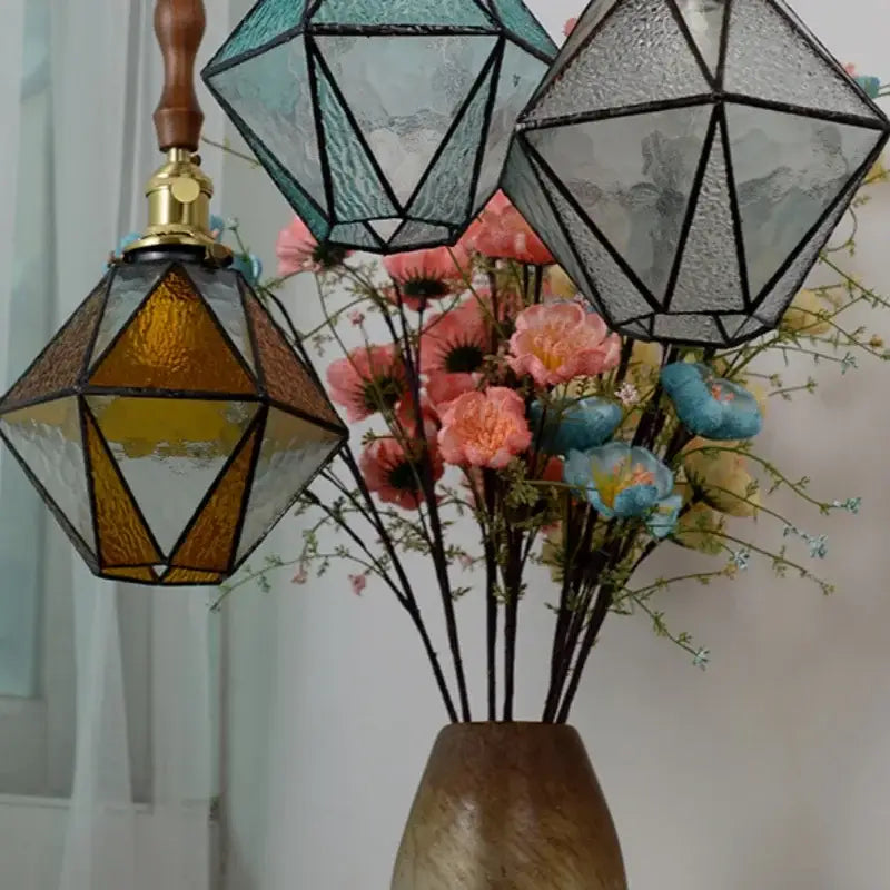 Geometric pendant light with brass vintage led hardware and wooden finials in clear amber and teal for dining room decorbites brass vintage