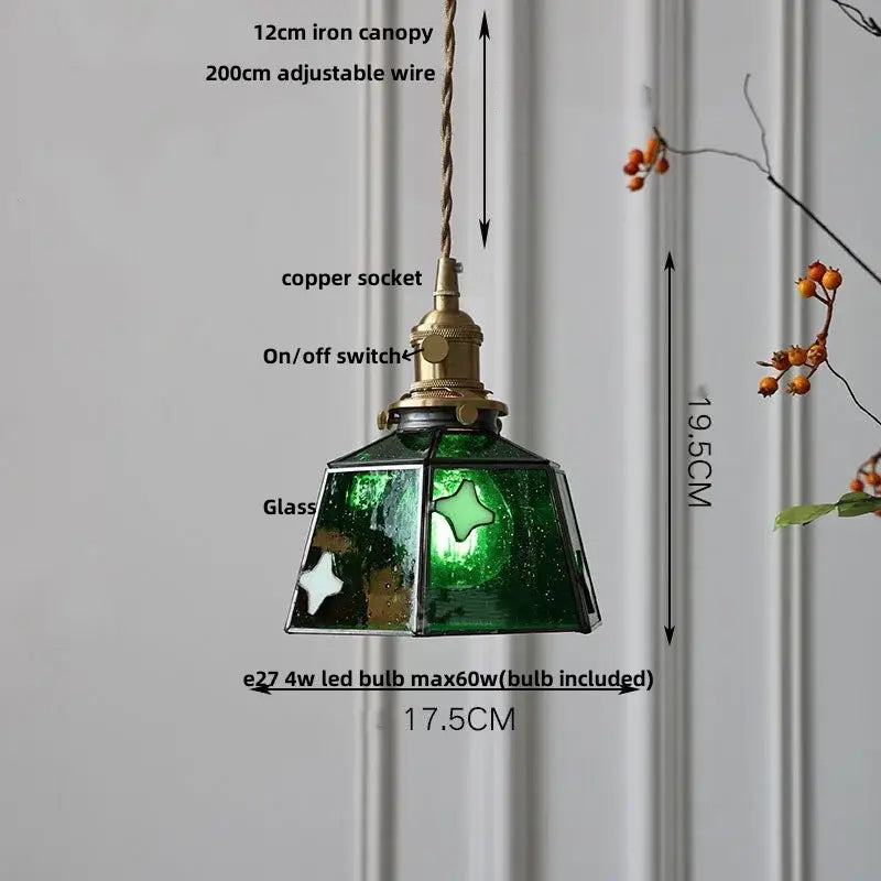 Green stained glass pendant light with brass vintage led copper socket and on/off switch for dining room decorbites brass vintage