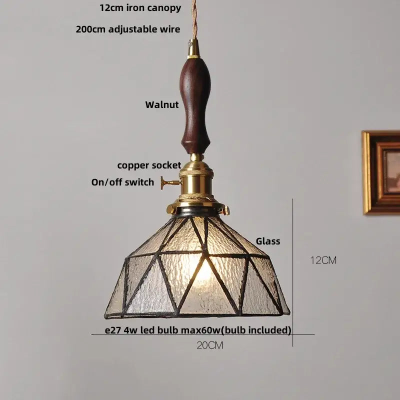 Vintage brass led pendant light with dark walnut handle, brass accents, and geometric clear amber teal glass shade for dining room decorbites brass vintage