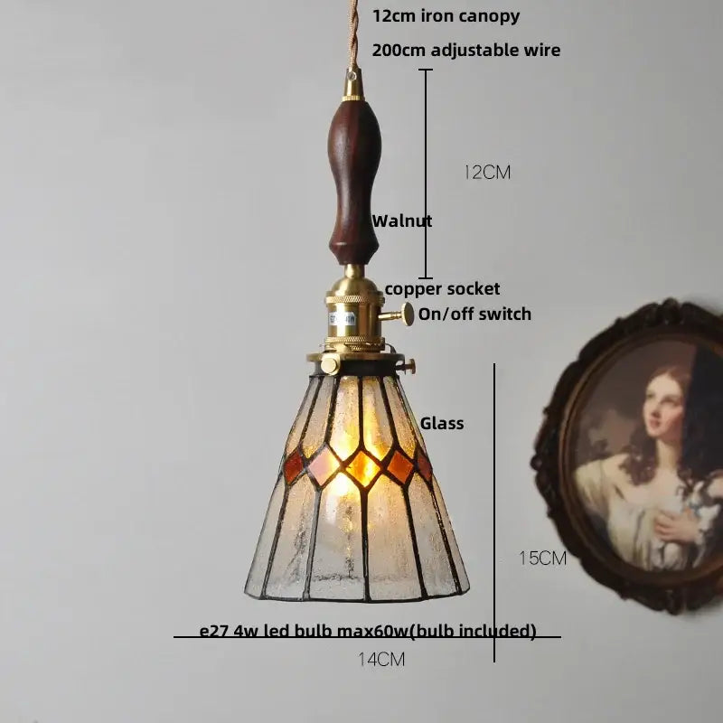 Vintage brass led pendant light with stained glass amber and clear panels suspended by copper wire for dining room decorbites brass vintage