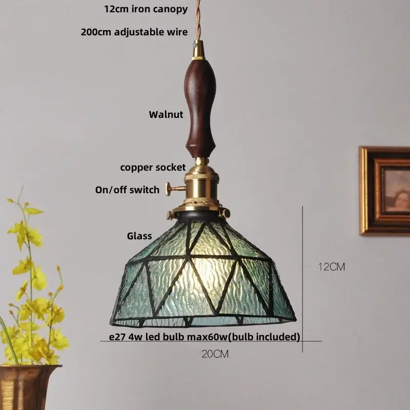 Vintage brass led pendant light with dark walnut wooden handle textured teal glass shade and brass vintage decorbites hardware