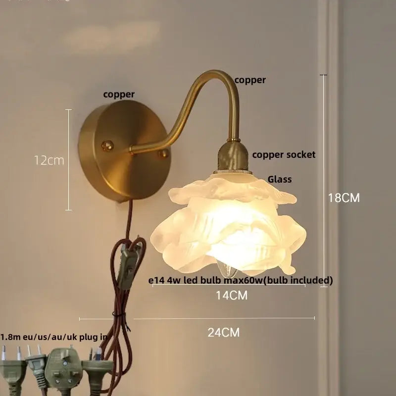 Copper-finished decorbites brass led wall light with translucent glass rose shade for vintage bedroom sconce decor