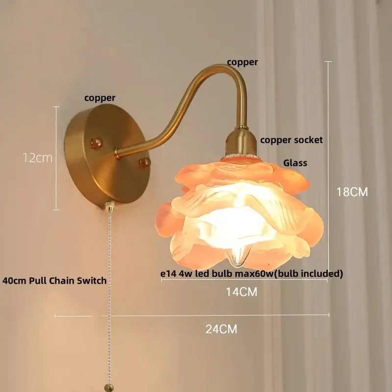Copper wall light decorbites brass led wall with delicate peach glass flower shade for vintage bedroom sconce decor