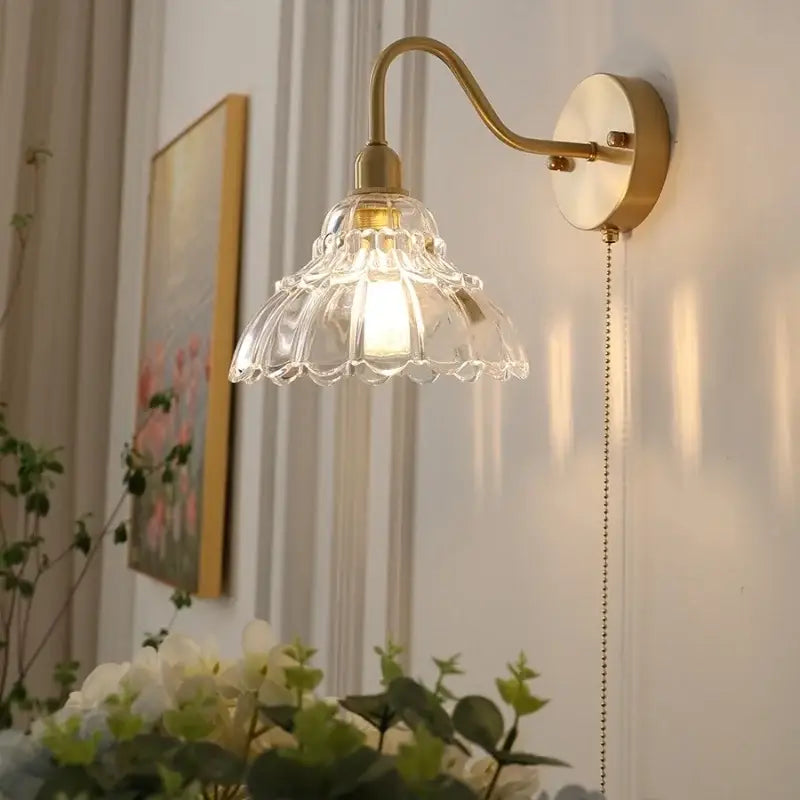 Vintage brass led wall sconce with scalloped clear glass shade and pull chain for bathroom vanity decorbites brass led wall
