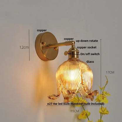 Copper-finished wall light with ribbed loft amber glass shade shaped like an open flower for decorbites loft amber decor