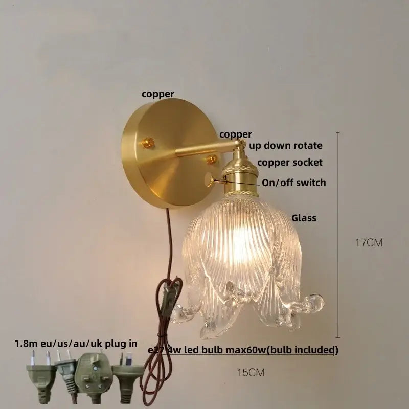 A brass-finished copper wall light with loft amber glass ribbed shade for vintage bedroom decorbites loft amber style