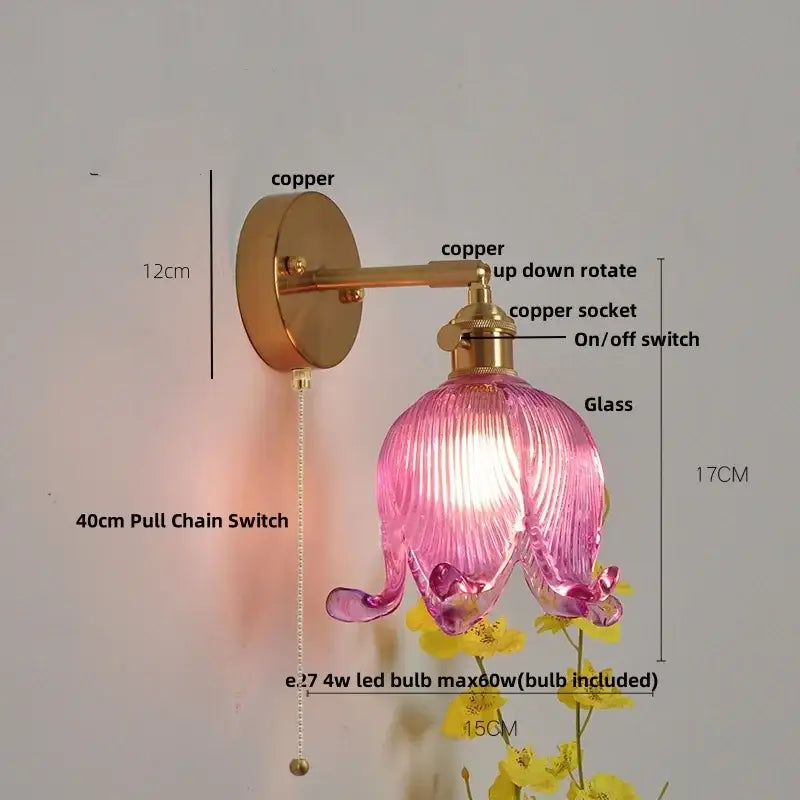 Vintage brass loft amber glass wall light with pink ribbed flower sconce copper hardware and pull chain switch