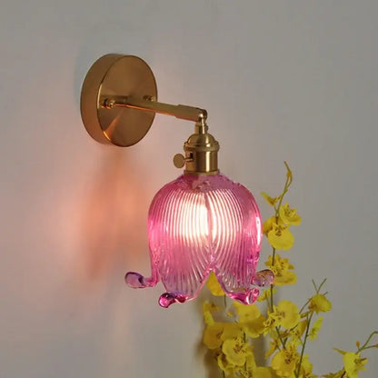 Pink ribbed glass flower wall light with brass hardware featuring decorbites loft amber glass for vintage bedroom sconce