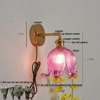 Pink ribbed glass flower wall light with copper hardware complementing decorbites loft amber glass sconce design