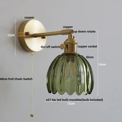 Vintage wall light with copper-finished metal arm and olive-green loft amber glass shade for decorbites loft amber style