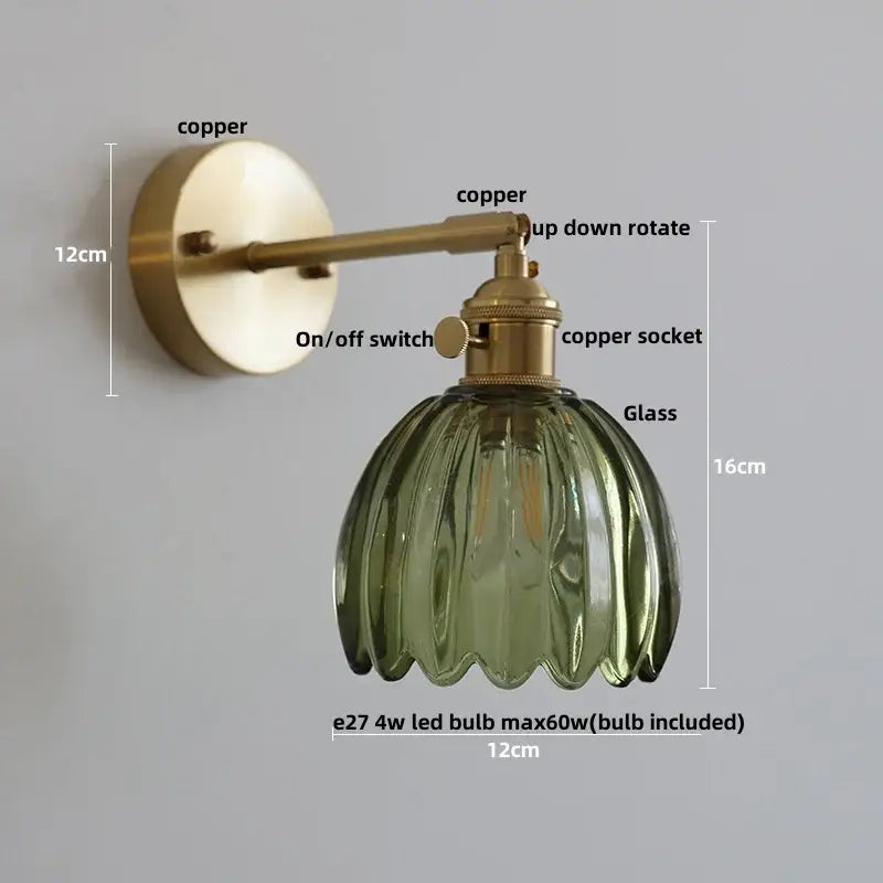 Vintage brass loft amber glass wall light with a brass copper finish and olive green ribbed glass shade decorbites loft amber