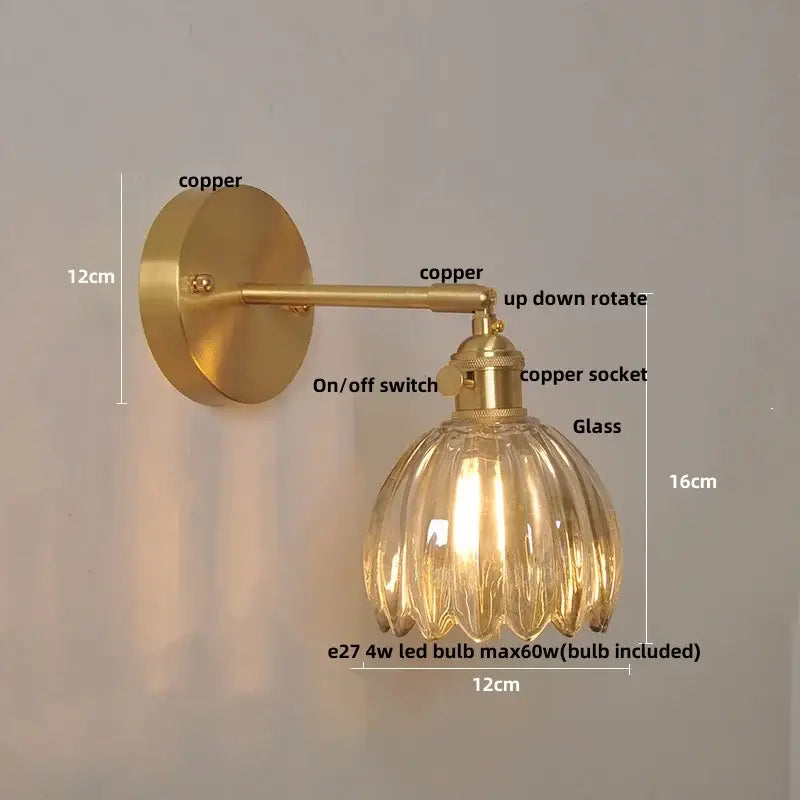 Vintage brass loft amber glass wall light with fluted glass shade and copper finish for bedroom decorbites loft amber sconce