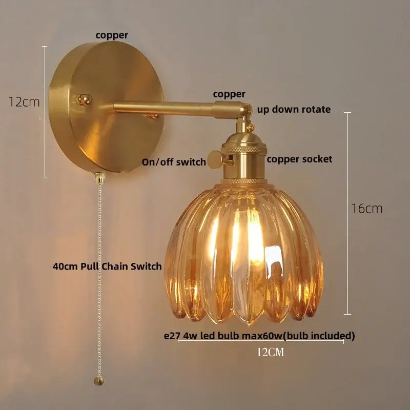 Vintage brass loft amber glass wall light with copper sconce and fluted amber shade featuring pull-chain switch