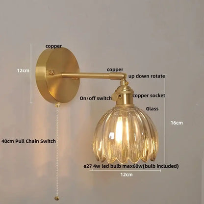 Vintage brass loft amber glass wall light with copper sconce ribbed shade and pull chain switch for decorbites loft amber