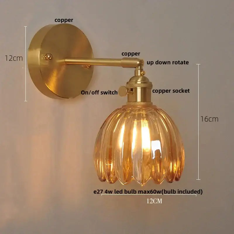 Vintage brass loft amber glass wall light with fluted petal design and copper hardware for bedroom decorbites loft amber