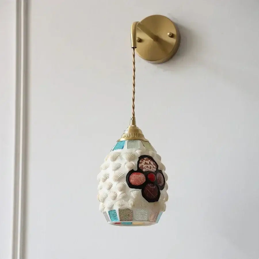 Vintage brass mosaic shell led wall light with white glass shell shade and colorful seashell decor for bedroom use