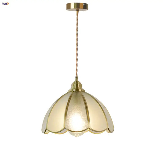 Gold-toned vintage brass petal glass led pendant light with frosted glass shade and twisted cable for kitchen use
