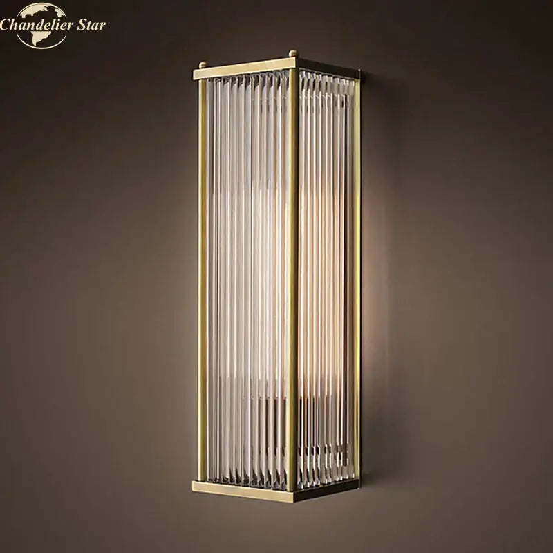 Vintage brass rectangular wall sconce with vertical frosted glass panels for living room decorbites crystal wall light