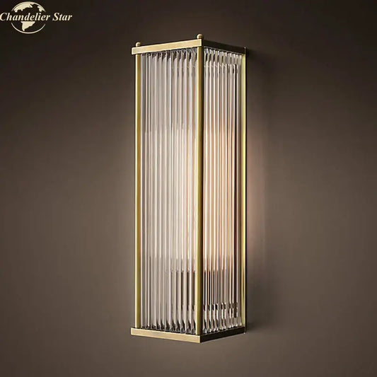 Vintage brass rectangular wall sconce with vertical frosted glass panels for living room decorbites crystal wall light