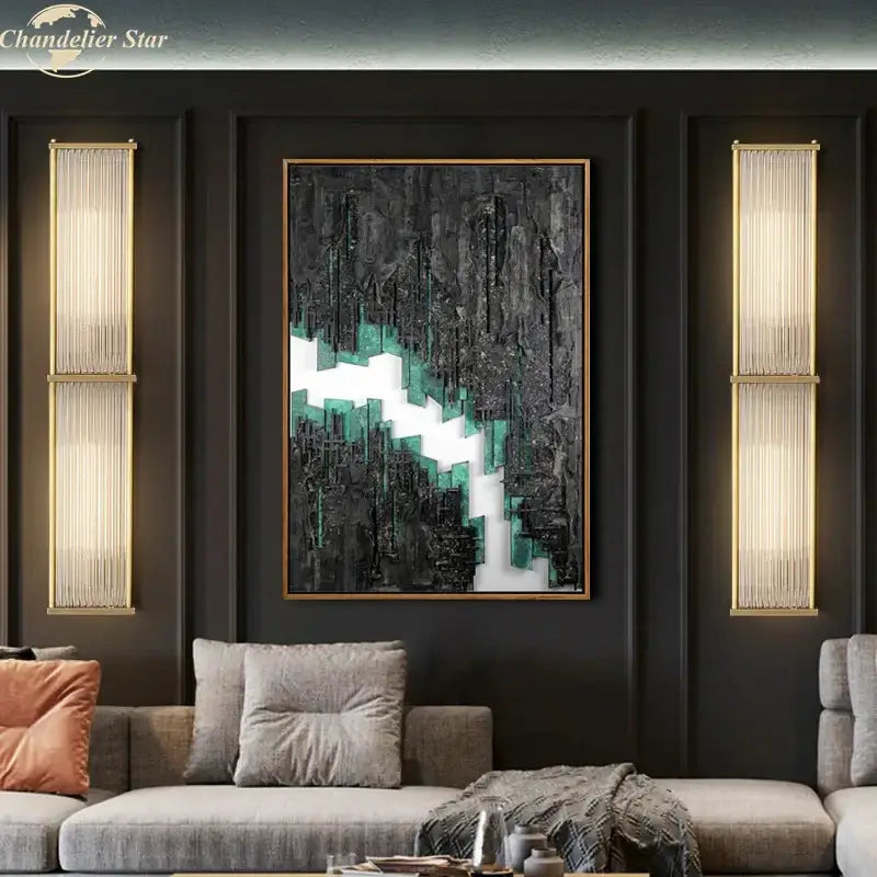 Vintage brass rectangular wall sconce with crystal wall light paired with modern abstract painting in gold frame decorbites crystal wall decor