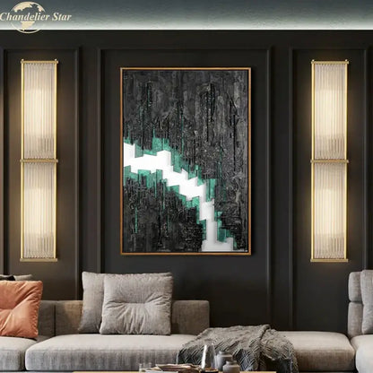 Vintage brass rectangular wall sconce with crystal wall light paired with modern abstract painting in gold frame decorbites crystal wall decor