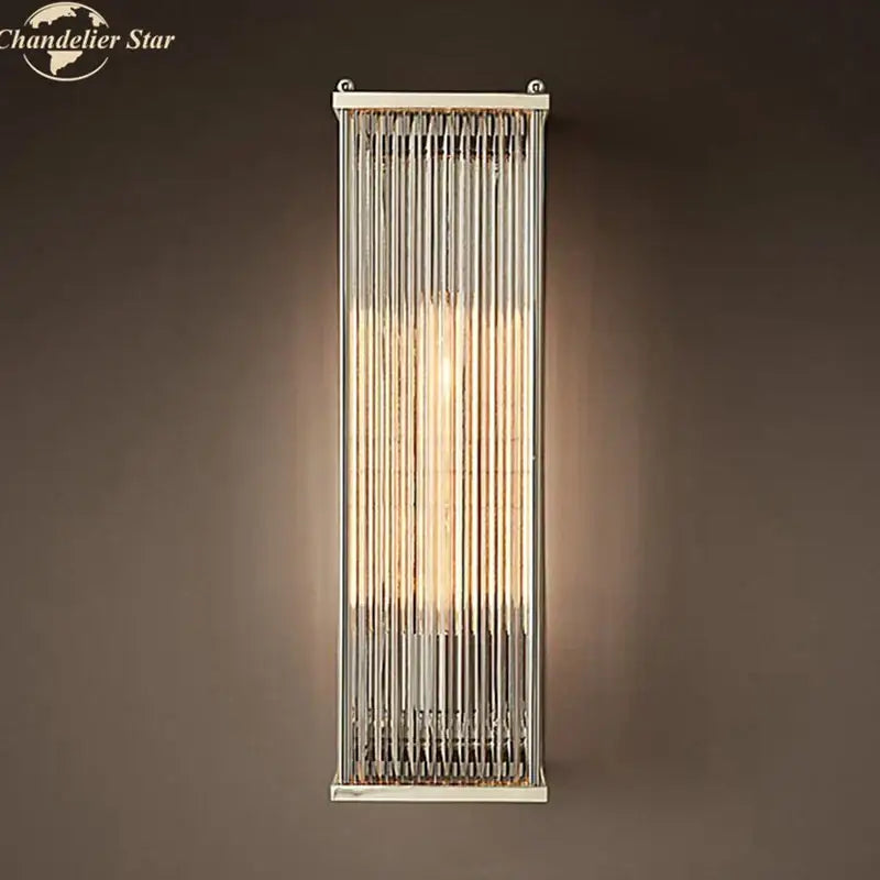 Vintage brass rectangular wall sconce with crystal wall vertical glass rods and polished metallic frame for decorbites crystal wall lighting