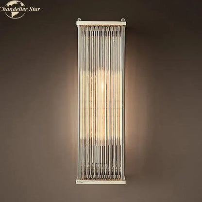 Vintage brass rectangular wall sconce with crystal wall vertical glass rods and polished metallic frame for decorbites crystal wall lighting