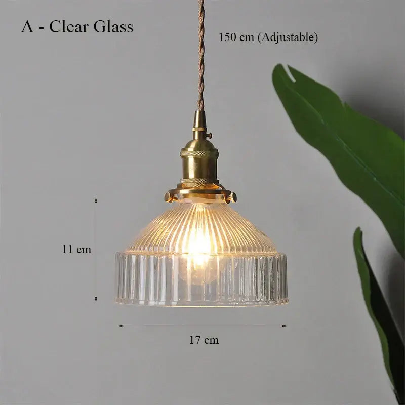 Clear glass led ceiling chandelier with brass-finished ribbed fixture designed for vintage bedroom lighting