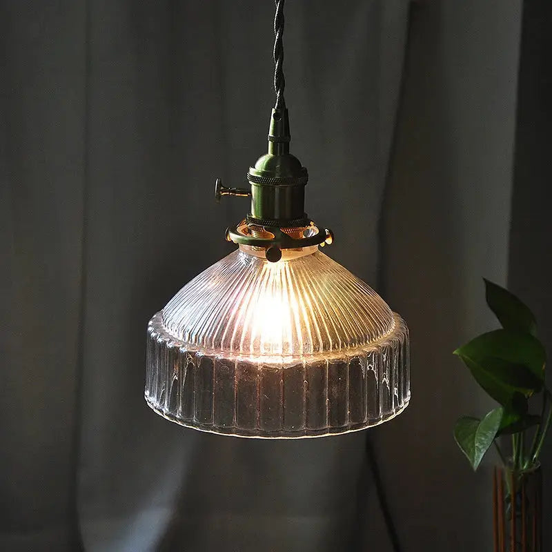 Clear ribbed glass led ceiling chandelier with dark green metal fixture for vintage bedroom lighting