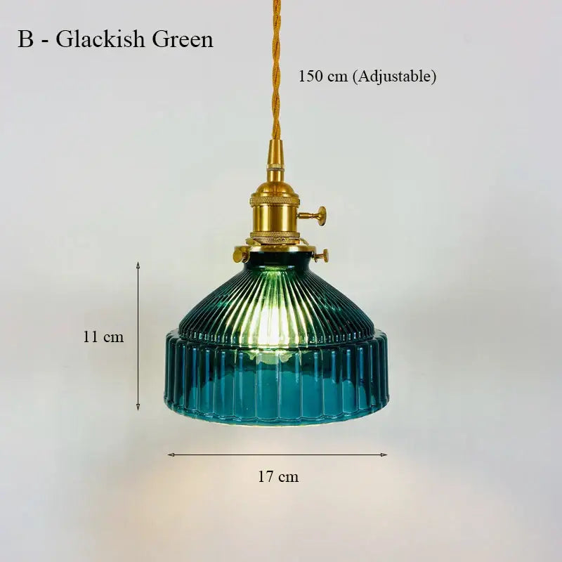 Vintage brass ribbed glass led ceiling chandelier with glackish green shade for bedroom lighting