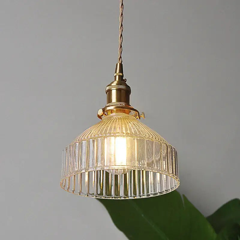 Vintage brass ribbed glass led ceiling chandelier with metal fixture designed for bedroom lighting