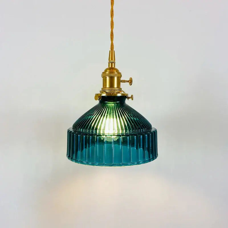 Vintage brass ribbed glass led ceiling chandelier in teal green with brass fixture and twisted cord for bedroom lighting