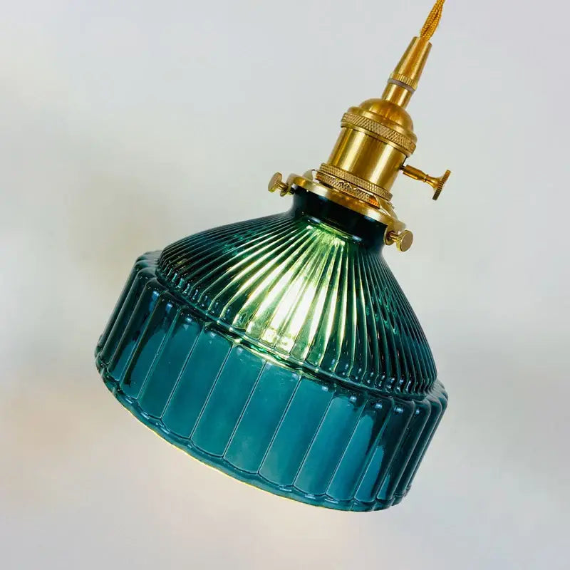 Teal ribbed glass led ceiling chandelier with vintage brass industrial style fixture for bedroom lighting