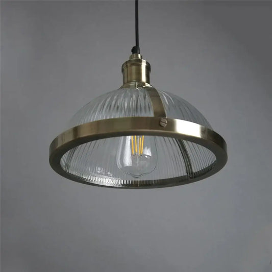 Vintage brass ribbed glass pendant light with exposed edison bulb for living room featuring glass pendant lights