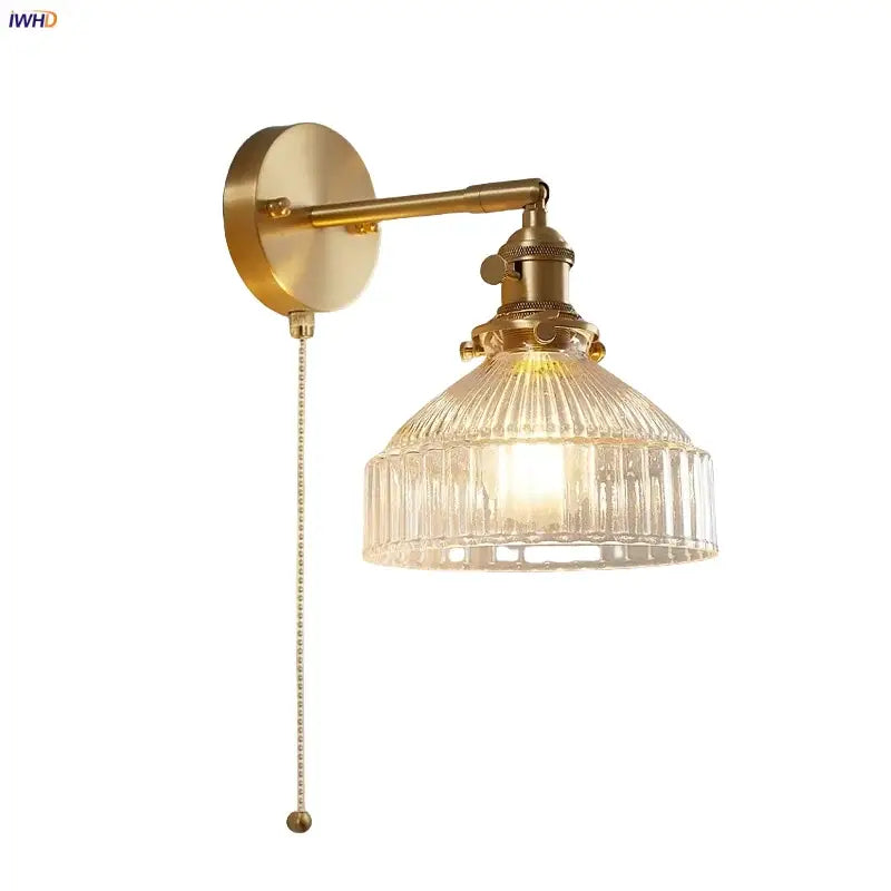 Vintage brass wall lamp with ribbed translucent glass pull chain shade and pull chain led for living room use