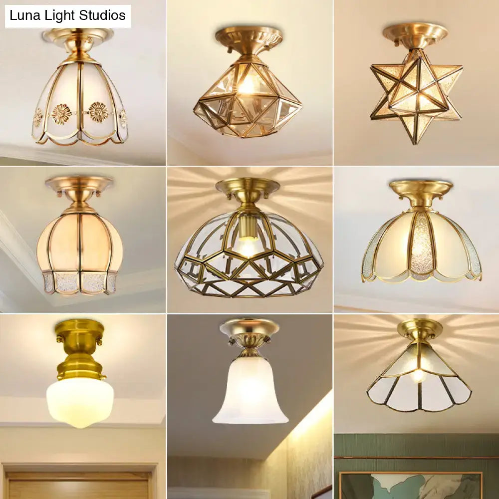DecorBites brass scallop semi flush mount ceiling light with brass finish and glass shades featuring floral and geometric designs
