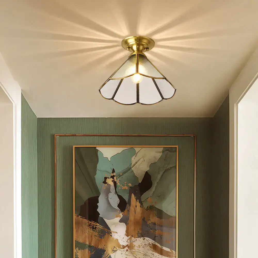 DecorBites™ brass scallop semi flush ceiling light with stained glass shade featuring white and black panels