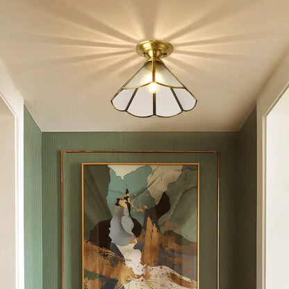 DecorBites™ brass scallop semi flush ceiling light with stained glass shade featuring white and black panels