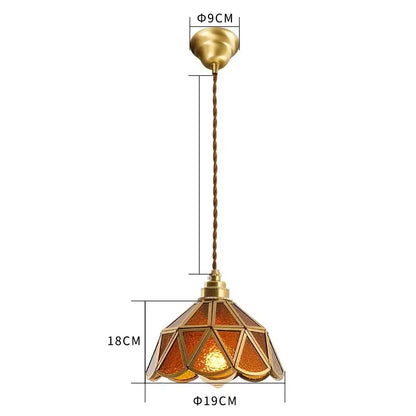 Vintage brass scalloped glass led pendant lamp featuring amber-tinted stained glass panels for bedroom lighting