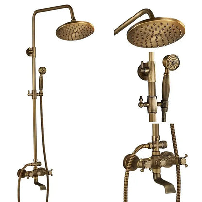 Vintage brass shower faucet mixer set with round rainfall head and handheld spray nozzle for bathroom use